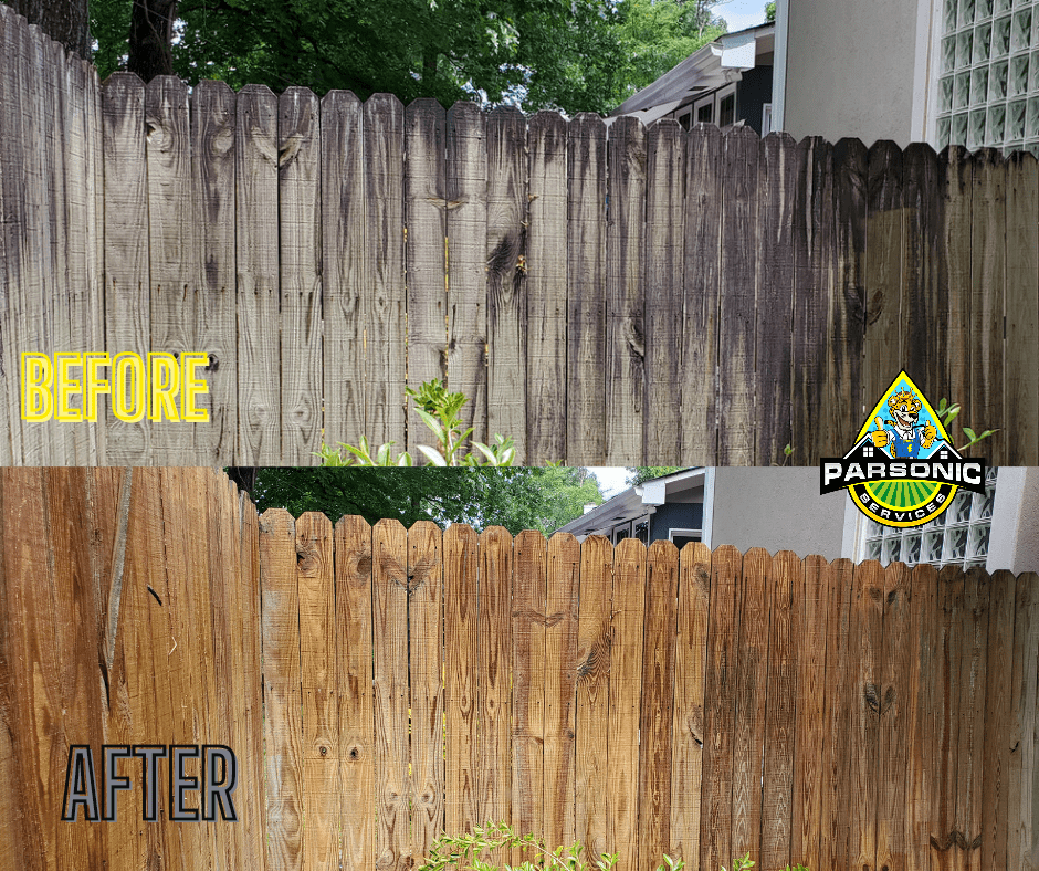 A wooden fence before and after being pressure washed by Parsonic Services.