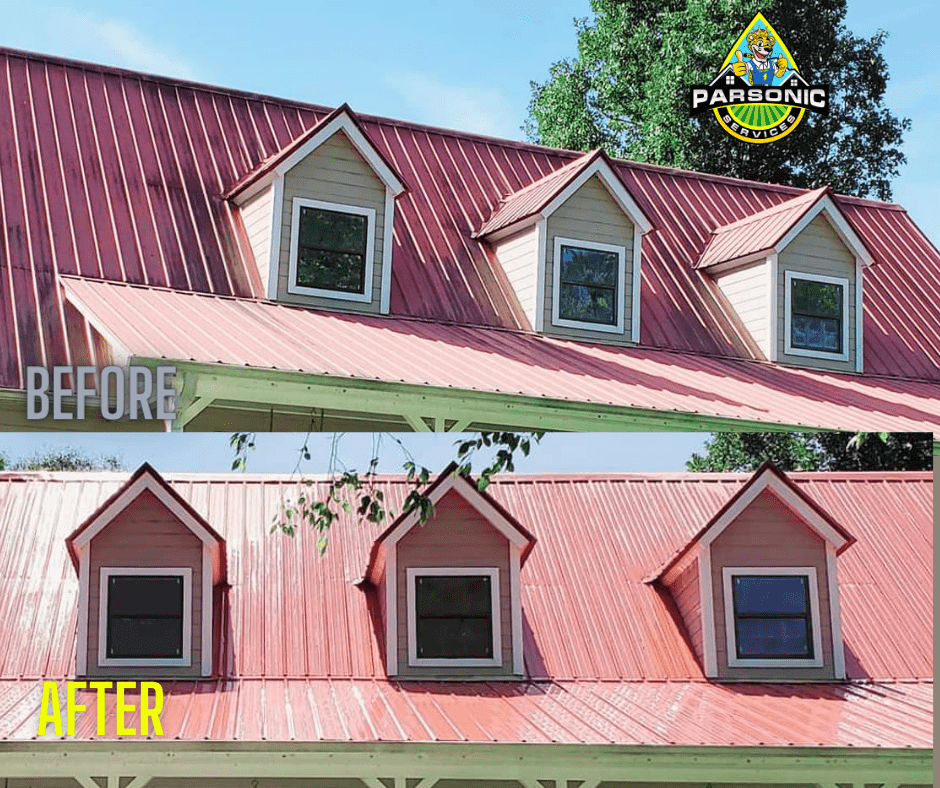 A before and after image of a red metal roof before and after being power washed by Parsonic Services.