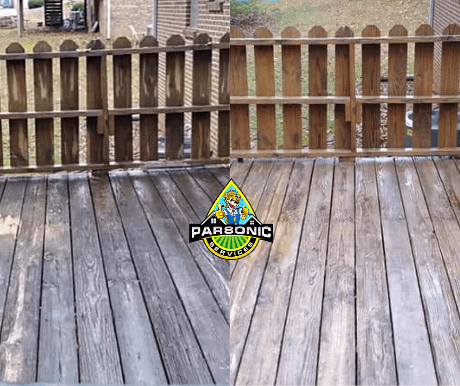 A before and after image of a wooden deck showing the difference between before the deck is pressure washed and after the deck is pressure washed.