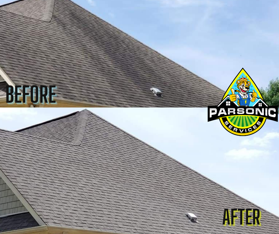 A roof with black shingles before and after being pressure washed by Parsonic Services.