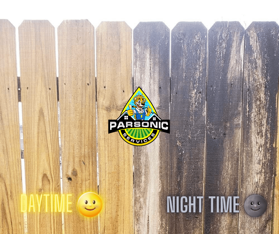 An image of a fence that has been half pressure washed by Parsonic Services clearly showing the difference between the cleaned side of the fence and the dirty side of the fence.