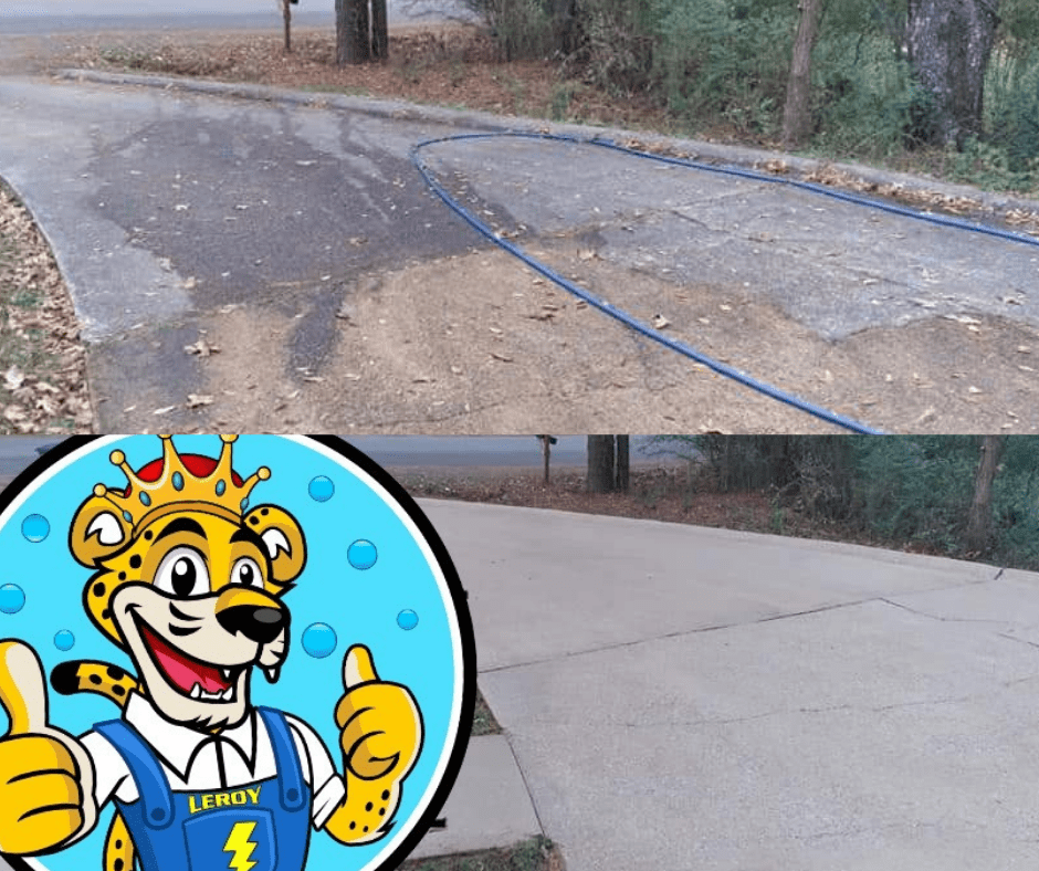 A before and after photo showing a concrete driveway before and after being power washed.