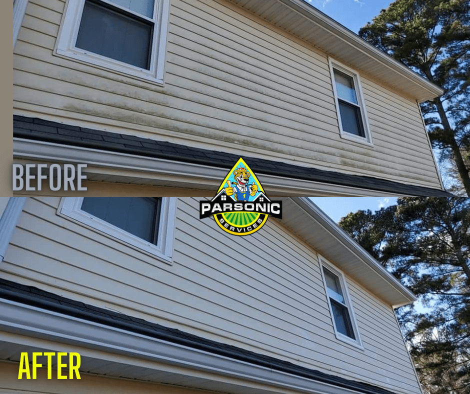 A residential home with beige siding covered in dirt before and after being soft washed.