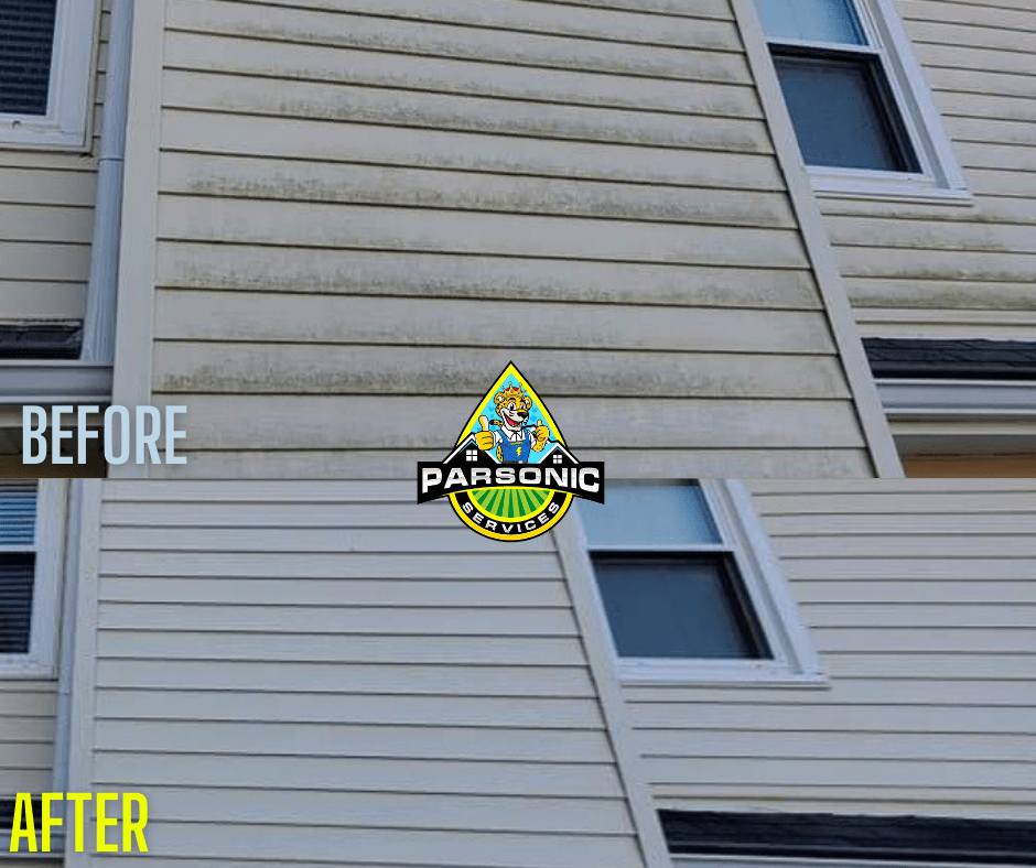 A closeup of a home's siding before and after being soft washed by Parsonic Services.