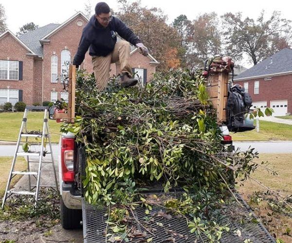 A Parsonic Services employee loading trimmed branches after a landscape maintenance service.